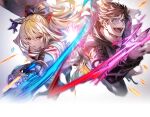  1boy 1girl alternate_eyewear armor belial_(granblue_fantasy) black_pants blonde_hair bow brown_hair clash claws commentary commentary_request empty_eyes energy evil_grin evil_smile facing_viewer fang feather_boa fighting floating_hair furrowed_brow glasses gloves granblue_fantasy granblue_fantasy_versus grin hair_between_eyes hair_bow holding holding_sword holding_weapon long_hair looking_at_another magic minaba_hideo official_art pants parted_lips ponytail red_eyes short_hair sidelocks smile sparks sword tongue vira_(granblue_fantasy) weapon white_background 