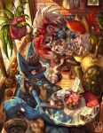  animal_ear_fluff artist_name black_fur blue_fur braixen brick_wall cake claws coffee cup flower food fruit highres holding hoppip indoors lucario lycanroc lycanroc_(midnight) menu mug multicolored_fur open_mouth phone pink_flower plant plate pokemon pokemon_(creature) red_eyes red_fur restaurant sa-dui saucer signature sitting smile spikes spoon stick strawberry table tail tears white_fur wooden_floor yellow_fur 
