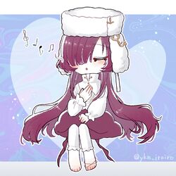  1girl barefoot beamed_eighth_notes closed_eyes deformed eighth_note full_body fur_hat hair_over_one_eye hand_on_own_chest hand_up hat heart highres invisible_chair long_hair long_sleeves music musical_note one_eye_covered open_mouth pants pants_under_skirt puffy_long_sleeves puffy_sleeves purple_background quarter_note red_skirt redhead reverse:1999 shirt singing sitting skirt solo treble_clef twitter_username ushanka white_hat white_pants white_shirt yenisei_(reverse:1999) yukine_(ykn_iroiro) 