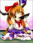  1girl ;d bow bowtie buttons chain cube cup hair_bow hands_up holding holding_cup horn_ornament horn_ribbon horns ibuki_suika long_hair low-tied_long_hair lowres medinki official_style one_eye_closed oni open_mouth orange_eyes orange_hair orb purple_ribbon pyramid_(structure) red_bow red_bowtie ribbon ribbon-trimmed_skirt ribbon_trim sakazuki shirt shouji sitting skirt sliding_doors smile socks solo tatami teeth touhou upper_teeth_only white_shirt white_socks zun_(style) 