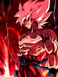  1boy battle_damage blonde_hair blood blood_from_mouth cowboy_shot dragon_ball dragon_ball_z from_side green_eyes highres lava male_focus medium_hair muscular muscular_male orange_pants pants pato007711 profile solo son_goku spiky_hair super_saiyan super_saiyan_1 thunder topless_male 
