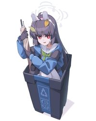  1girl animal_ears black_hair blue_archive blue_serafuku blue_skirt earpiece fake_animal_ears grey_halo halo highres in_trash_can long_hair long_sleeves looking_at_viewer miyu_(blue_archive) open_mouth pantyhose pleated_skirt projectorzero rabbit_ears red_eyes sailor_collar school_uniform serafuku simple_background skirt solo trash_can white_background white_pantyhose white_sailor_collar 