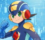  1boy bare_shoulders blue_background blue_bodysuit blue_helmet bodysuit brown_hair clenched_hand emblem glint green_eyes helmet looking_at_viewer mega_man_(series) mega_man_battle_network_(series) megaman.exe o_deko smile solo spiky_hair upper_body 