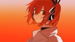  1girl a.i._voice adachi_rei closed_mouth enka_(nacl_chica) from_side gradient_background hair_ribbon headset highres jacket looking_at_viewer looking_to_the_side netsu_ijou_(utau) one_side_up orange_background red_eyes redhead ribbon short_hair solo upper_body utau white_jacket white_ribbon 