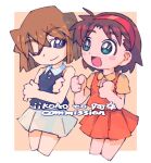  2girls absurdres blue_eyes blue_shirt blush_stickers brown_hair clenched_hands collared_shirt commission crossed_arms haibara_ai highres iikoao looking_at_another meitantei_conan miniskirt multiple_girls one_eye_closed open_mouth orange_shirt orange_skirt pleated_skirt shirt short_hair simple_background skirt sleeveless sleeveless_shirt tongue white_skirt yellow_shirt yoshida_ayumi 