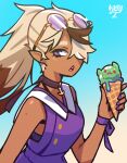  absurdres blonde_hair brown_hair choco_(milkytiddyboy) choker dark-skinned_female dark_skin dress eyewear_on_head food hair_over_one_eye highres ice_cream milkytiddyboy multicolored_hair original pointy_ears purple_dress purple_nails sailor_collar tagme violet_eyes 