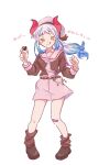  0h_my_god 1girl aqua_hair bandaid bandaid_on_face blue_hair blush_stickers cardcaptor_sakura chocolate commentary_request cosplay food full_body hat highres holding holding_chocolate holding_food horns kinomoto_sakura kinomoto_sakura_(cosplay) long_sleeves looking_at_viewer multicolored_hair one_piece ponytail red_horns sailor_collar school_uniform shorts sidelocks simple_background smile solo star-shaped_pupils star_(symbol) symbol-shaped_pupils tomoeda_elementary_school_uniform tongue tongue_out white_background white_hair white_shorts yamato_(one_piece) yellow_eyes 