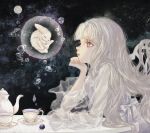  1girl absurdres chair commentary_request cup dress food fruit grapes grey_eyes head_rest highres long_hair original rabbit see-through see-through_sleeves shirone_(coxo_ii) sitting solo table teacup teapot very_long_hair white_dress white_hair white_rabbit_(animal) 