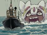  1girl boat body_fur brown_fur chasing commentary_request cosplay faputa furry godzilla godzilla_(cosplay) godzilla_(series) godzilla_minus_one highres horizontal_pupils made_in_abyss monster_girl no_humans ocean outdoors solo teeth watercraft ximu_shilang 