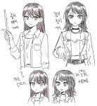  2girls akni bang_dream! bang_dream!_it&#039;s_mygo!!!!! brown_hair choker closed_mouth commentary_request drumsticks greyscale holding holding_drumsticks jacket korean_commentary korean_text long_hair long_sleeves mole mole_under_eye monochrome multiple_girls open_clothes open_jacket open_shirt parted_lips shiina_taki spot_color translation_request violet_eyes yahata_umiri 