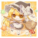  1girl absurdres apron blonde_hair bow braid broom chibi hair_bow hair_tubes hat hat_bow highres holding inukkomaru kirisame_marisa marisa_day mushroom side_braid single_braid solo star_(symbol) touhou waist_apron white_bow witch_hat yellow_eyes 