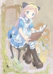  1girl alice_(alice_in_wonderland) alice_in_wonderland animal_ears apron blonde_hair blue_dress blue_eyes book boots card cat cat_ears chair cheshire_cat_(alice_in_wonderland) dress fake_animal_ears flat_chest frilled_dress frills full_body highres holding holding_book long_hair original playing_card pop_(electromagneticwave) rabbit sitting solo striped_clothes striped_thighhighs thigh-highs white_rabbit_(alice_in_wonderland) 