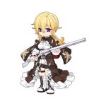  1girl blonde_hair boots bow bowtie breasts brown_cape brown_skirt bullet cape chain chibi closed_mouth cross-laced_footwear eyes_visible_through_hair full_body gun hair_between_eyes high-waist_skirt high_heel_boots high_heels holding holding_gun holding_weapon large_breasts long_bangs long_hair long_skirt long_sleeves looking_at_viewer low_ponytail night_watch_(ragnarok_online) official_art ragnarok_online red_cape revolver rifle shirt simple_background skirt smile sniper_rifle solo split_mouth standing tachi-e thigh_strap transparent_background two-sided_cape two-sided_fabric underbust violet_eyes weapon white_bow white_bowtie white_footwear white_shirt yuichirou 