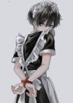  1boy absurdres arms_behind_back black_hair blue_eyes bound crossdressing ear_piercing earrings highres jewelry looking_at_viewer looking_back maid maid_headdress male_focus male_maid original piercing restrained rope short_hair signature simple_background solo sosaku_25 tagme tied_up_(nonsexual) 