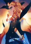  1boy absurdres belt bird blonde_hair cape crow feathers flame_print highres katana kimetsu_no_yaiba male_focus multicolored_cape multicolored_clothes print_cape red_cape red_eyes redhead rengoku_kyoujurou shirukokko simple_background sword two-tone_cape weapon white_belt white_cape yellow_eyes 