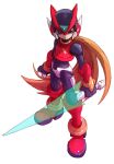  1boy absurdres android armor black_eyes blonde_hair boots energy_sword forehead_jewel full_body helmet highres holding holding_sword holding_weapon long_hair looking_at_viewer male_focus mega_man_(series) mega_man_zero_(series) mega_man_zero_1 nakayama_tooru official_art red_armor red_footwear red_helmet simple_background solo sword third-party_source weapon white_background z_saber zero(z)_(mega_man) zero_(mega_man) 