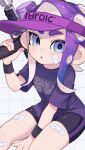  bandaid bike_shorts hat highres holding holding_weapon looking_at_viewer octoling octoling_girl octoling_player_character octoshot_(splatoon) open_mouth purple_hair purple_hat purple_shirt sahata_saba shirt simple_background single_vertical_stripe splatoon_(series) splatoon_3 suction_cups tentacle_hair violet_eyes visor_cap weapon white_background 