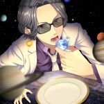  1boy absurdres black_hair earth_(planet) eating feeding highres human_bug_daigaku jupiter_(planet) kitou_jouji male_focus mars_(planet) mcrsmpi necktie open_mouth planet plate saturn_(planet) solo space suit sunglasses white_necktie white_suit 