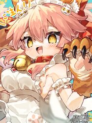  1girl animal_ear_fluff animal_ears animal_hands apron bell bow breasts cat_hair_ornament fang fate/grand_order fate_(series) fox_ears fox_girl fox_tail gloves hair_between_eyes hair_bow hair_ornament haronin_fukke jingle_bell long_hair looking_at_viewer maid_headdress medium_breasts naked_apron neck_bell open_mouth paw_gloves pink_hair ponytail red_bow solo tail tamamo_(fate) tamamo_cat_(fate) tamamo_cat_(third_ascension)_(fate) yellow_eyes 