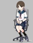  1girl black_socks blue_sailor_collar blue_skirt blush brown_eyes brown_hair chair closed_mouth commentary_request dated full_body grey_background highres kantai_collection kneehighs looking_at_viewer low_twintails office_chair pleated_skirt sailor_collar school_uniform serafuku shikishima_fugen shirayuki_(kancolle) shoes simple_background sitting skirt sneakers socks solo swivel_chair twintails twitter_username watch watch 