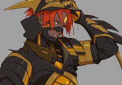  1boy alternate_costume ashwatthama_(fate) dark-skinned_male dark_skin fate/grand_order fate_(series) forehead_jewel head_tilt isshoku_(shiki) looking_at_viewer male_focus parted_lips redhead solo tsurime upper_body very_dark_skin yellow_eyes 