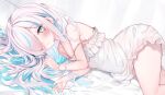  1girl aqua_hair bare_shoulders bed_sheet blue_eyes dress eip_(pepai) facial_mark frilled_dress frills grey_hair hair_ornament hair_over_one_eye heart heart_facial_mark ilu_fluor indie_virtual_youtuber long_hair looking_at_viewer lying multicolored_hair on_side simple_background sleeveless sleeveless_dress solo streaked_hair two-tone_hair virtual_youtuber white_dress 