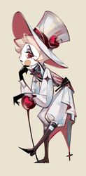  1boy 2652893384 absurdres blonde_hair blush_stickers cane demon_boy from_side hat hazbin_hotel highres holding holding_cane lucifer_morningstar_(hazbin_hotel) pale_skin red_eyes solo white_hat 