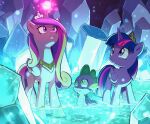  1boy 2girls benoit_picard blonde_hair cadance_(my_little_pony) crystal glowing_horns green_eyes highres horns long_hair looking_at_another magic multicolored_hair multiple_girls my_little_pony my_little_pony:_friendship_is_magic no_humans pink_hair purple_fur purple_hair purple_wings single_horn spike_(my_little_pony) sweat tiara twilight_sparkle violet_eyes wading water winged_unicorn wings 