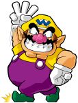  1boy absurdres arm_up big_nose cleft_chin facial_hair gloves green_footwear grin hat highres looking_at_viewer mustache official_art overalls pointy_ears purple_overalls shirt smile third-party_source wario wario_land wario_land:_shake_it! white_gloves yellow_hat yellow_shirt 
