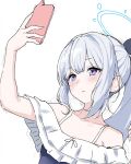  1girl bare_shoulders blue_archive blue_halo cellphone collarbone commentary_request flat_chest frilled_one-piece_swimsuit frills gale_kawaii grey_hair halo holding holding_phone miyako_(blue_archive) miyako_(swimsuit)_(blue_archive) one-piece_swimsuit phone ponytail sidelocks sketch smartphone smartphone_case solo swimsuit upper_body violet_eyes 