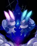  animal_focus black_background blue_fur closed_mouth glowing meowstic meowstic_(female) meowstic_(male) multiple_tails no_humans open_mouth pokemon pokemon_(creature) sparkle tail torisan_7_7 white_fur 