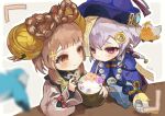  2girls bead_necklace beads bell bird blush bow-shaped_hair brown_eyes brown_hair coconut coconut_cup coin_hair_ornament drinking_straw drinking_straw_in_mouth genshin_impact hair_bell hair_ornament hat holding jewelry long_sleeves multiple_girls necklace obakeno_m ofuda pink_eyes purple_hair qingdai_guanmao qiqi_(genshin_impact) signature yaoyao_(genshin_impact) 