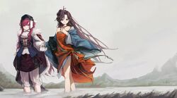  2girls absurdres bare_legs bare_shoulders black_eyes black_hair black_hat black_vest blue_eyes cabbie_hat cape cross_tie day dress facial_mark feet_out_of_frame forehead_mark fur-trimmed_cape fur_trim grass green_sleeves hair_branch hair_bun hair_ornament hair_over_one_eye hand_up hat highres holding_hands huadian jiu_niangzi long_hair long_sleeves looking_at_viewer miniskirt mountain multiple_girls nats_(d0ughnats) nature one_eye_covered overcast pants pants_under_skirt puffy_long_sleeves puffy_sleeves red_cape red_dress red_skirt redhead reverse:1999 scenery shirt short_dress single_side_bun skirt sky smile standing tassel tassel_hair_ornament very_long_hair vest wading water white_pants white_shirt white_sky wide_sleeves yenisei_(reverse:1999) 