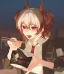  1girl arknights black_jacket brown_hair chopsticks collared_shirt commentary eyes_visible_through_hair fiammetta_(arknights) food grey_hair hair_between_eyes highres holding holding_chopsticks holding_food jacket looking_ahead multicolored_hair necktie night open_clothes open_jacket open_mouth outdoors red_eyes red_necktie saliva shirt short_hair sleeves_pushed_up solo tongue tongue_out two-tone_hair upper_body volume_litre walkie-talkie white_shirt 