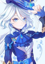  1girl absurdres adjusting_clothes adjusting_headwear ahoge arm_up ascot blue_ascot blue_bow blue_eyes blue_gemstone blue_hair blue_hat blue_jacket bow commentary drop-shaped_pupils furina_(genshin_impact) gem genshin_impact hair_between_eyes hand_on_headwear hat hat_bow heterochromia highres jacket kodona light_blue_hair lolita_fashion long_hair long_sleeves looking_at_viewer multicolored_hair smile solo streaked_hair symbol-shaped_pupils top_hat upper_body very_long_hair wasamo_tokiseka water_drop white_background white_hair 