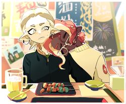  2boys :/ alcohol beer beer_mug black_jacket border chain chain_earrings closed_mouth commentary crooked_eyewear cup ear_piercing head_on_another&#039;s_shoulder highres implied_yaoi indoors inkling_boy inkling_player_character jacket jiuniaoshan leaning_to_the_side looking_at_another male_focus mole mole_under_eye mug multiple_boys octoling_boy octoling_player_character on_chair outline piercing portrait poster_(object) restaurant sanpaku saucer shoulder-to-shoulder skewer sleeping sleeping_upright splatoon_(series) straight-on sweatdrop sweater symbol-only_commentary table tissue_box uneven_eyes white-framed_eyewear white_border white_eyes white_freckles white_outline white_sweater zipper_pull_tab 