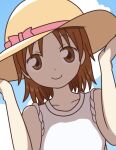  amame_(miu) blue_sky bow brown_eyes brown_hair collarbone doodles hat hat_bow holding holding_clothes holding_hat looking_at_viewer ooi!_tonbo ooi_tonbo outdoors pink_bow short_hair sky smile straw_hat tank_top white_tank_top 