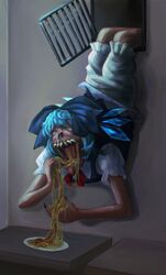  1girl air_vent bloomers blue_dress blue_hair cirno clip_studio_paint_(medium) commentary commission dress eating english_commentary feet_out_of_frame food horror_(theme) indoors monster open_mouth pasta puffy_short_sleeves puffy_sleeves short_hair short_sleeves skullchimes solo spaghetti touhou what white_bloomers 