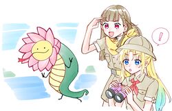  ! 2girls :d :o absurdres arm_up bandana binoculars blonde_hair blue_eyes blue_hair blush braid breast_pocket brown_hair brown_helmet brown_shirt brown_shorts center-flap_bangs creature flower_head gradient_hair helmet highres holding holding_binoculars kachimachi_kosuzu light_blue_hair link!_like!_love_live! long_hair love_live! multicolored_hair multiple_girls neckerchief object_head open_mouth osawa_rurino parted_bangs pith_helmet pocket ponytail red_eyes red_neckerchief shirt short_sleeves shorts side_ahoge side_braids sidelocks smile spoken_exclamation_mark straight_hair v-shaped_eyebrows virtual_youtuber yellow_bandana zangemiya 