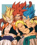  absurdres biceps black_wristband blue_eyes blue_sash body_fur brown_fur dragon_ball dragon_ball_gt dragon_ball_super dragon_ball_z gogeta halo highres male_focus metamoran_vest monkey_boy monkey_tail multiple_persona muscular muscular_male no_nipples pants pectorals redhead relio_db318 sash simple_background smile spiky_hair super_saiyan super_saiyan_1 super_saiyan_4 super_saiyan_blue tail veins veiny_hands white_pants 