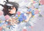  1girl absurdres animal_ears black_hair blue_flower closed_mouth dress flower foreshortening hair_between_eyes hidulume highres horse_ears horse_girl kitasan_black_(umamusume) looking_at_viewer multicolored_hair pink_flower reaching reaching_towards_viewer red_eyes short_hair short_sleeves smile solo streaked_hair two_side_up umamusume white_dress white_hair yellow_flower 