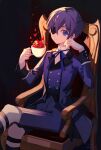  1boy 2024 artist_name bishounen black_background black_thighhighs blue_eyes blue_hair blue_jacket blue_ribbon blue_shorts buttons chair ciel_phantomhive closed_mouth coffee_mug crossed_legs cup dark_blue_hair dated eyepatch falling_petals flower hair_between_eyes hand_on_own_cheek hand_on_own_face highres holding holding_cup jacket kuroshitsuji looking_at_viewer male_focus mengweisama mug petals red_flower red_petals ribbon shirt short_hair shorts thigh-highs thigh_strap white_shirt 