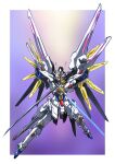  beam_saber dual_wielding energy_sword glowing gundam gundam_seed gundam_seed_freedom highres holding holding_sword holding_weapon katana looking_at_viewer mecha mighty_strike_freedom_gundam mobile_suit no_humans robot science_fiction solo sword taiga_hiroyuki v-fin weapon wings yellow_eyes 