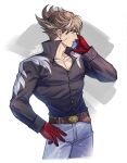  1boy absurdres belt blue_eyes brown_hair cellphone character_request cowboy_shot gloves highres lars male_focus pants phone red_gloves shirt silvercandy_gum simple_background smartphone solo tekken tekken_8 toned toned_male white_background 