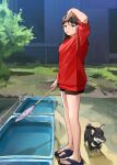 1girl baseball_cap black_hair black_shorts brown_hat bush from_side grass hat highres long_hair looking_to_the_side mmmo3 original outdoors red_shirt red_t-shirt sandals shirt short_shorts shorts standing sweatdrop t-shirt toes water