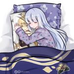  1boy aether_(genshin_impact) artist_name bed blanket body_pillow closed_eyes closed_mouth floral_print genshin_impact highres hug hugging_object instagram_logo instagram_username kamiiart kamisato_ayaka long_hair pajamas pillow pillow_hug purple_pajamas quilt sleeping smile twitter_logo twitter_username very_long_hair white_hair 