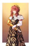  1girl amputee dress elbow_gloves elden_ring formal gloves highres laurel_crown malenia_blade_of_miquella mechanical_arms miqueliafantasia prosthesis prosthetic_arm redhead single_mechanical_arm smile solo 