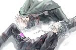  2boys arms_behind_back artist_name bandaged_leg bandages black_footwear black_jacket black_pants black_shirt blood bound bound_arms bound_legs chain chain_leash coattails collared_jacket commentary crazy danganronpa_(series) danganronpa_2:_goodbye_despair danganronpa_another_episode:_ultra_despair_girls dated denim dual_persona feet_out_of_frame green_eyes green_jacket hashtag-only_commentary highres hood hood_down hooded_jacket injury jacket jeans komaeda_nagito leash leather leather_jacket male_focus messy_hair multiple_boys open_clothes open_jacket open_mouth pants pink_blood servant_(danganronpa) shadow shirt short_hair simple_background smile striped_clothes striped_shirt sweet_potatobn teeth tied_up_(nonsexual) upper_teeth_only white_background white_hair white_shirt 