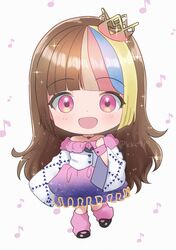  1girl :d black_footwear blonde_hair blue_hair blunt_bangs brown_hair chibi clenched_hand commentary crown galaco galaco_(white) jewelry kikuchi_mataha leg_warmers long_hair looking_at_viewer mini_crown multicolored_hair musical_note necklace pink_eyes pink_leg_warmers pink_streaks sleeves_past_wrists smile solo streaked_hair symbol-only_commentary twitter_username vocaloid wide_sleeves wrist_cuffs 