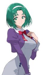  1girl absurdres akimoto_komachi breasts dress green_eyes green_hair grey_dress hairband hand_on_own_chest highres jacket large_breasts looking_at_viewer neck_ribbon precure purple_jacket red_ribbon ribbon short_hair simple_background smile solo sozan white_background white_hairband yes!_precure_5 